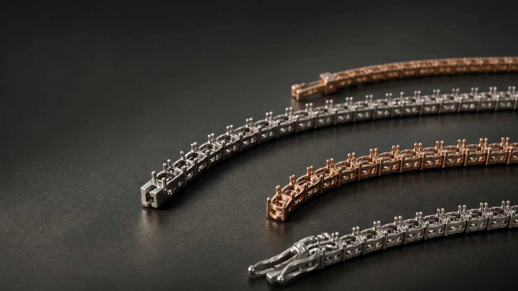 Unfinished BOSA tennis bracelet and necklace mountings in white and rose gold