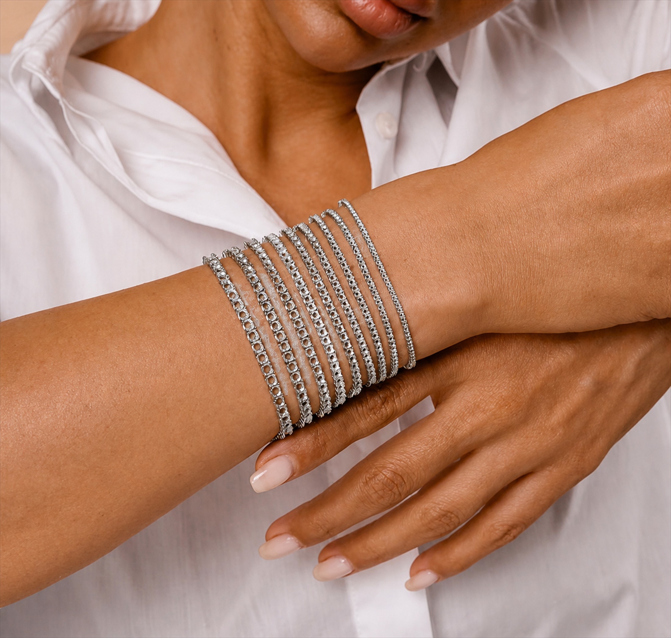 Finished tennis bracelets worn on the wrist